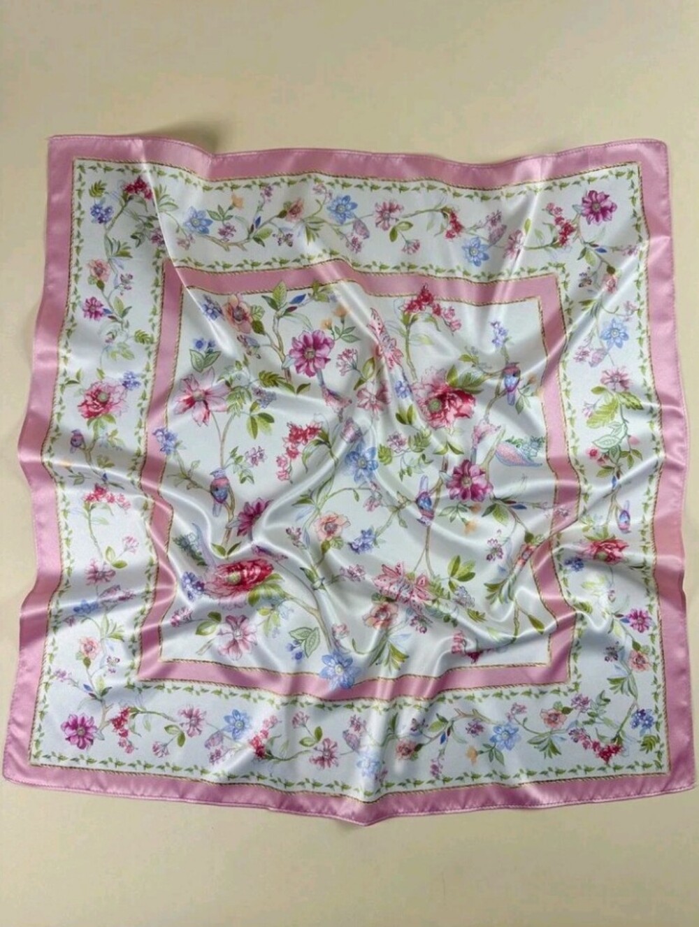 Pink Cream Green Floral Satin Scarf Summer Vacation Botanical